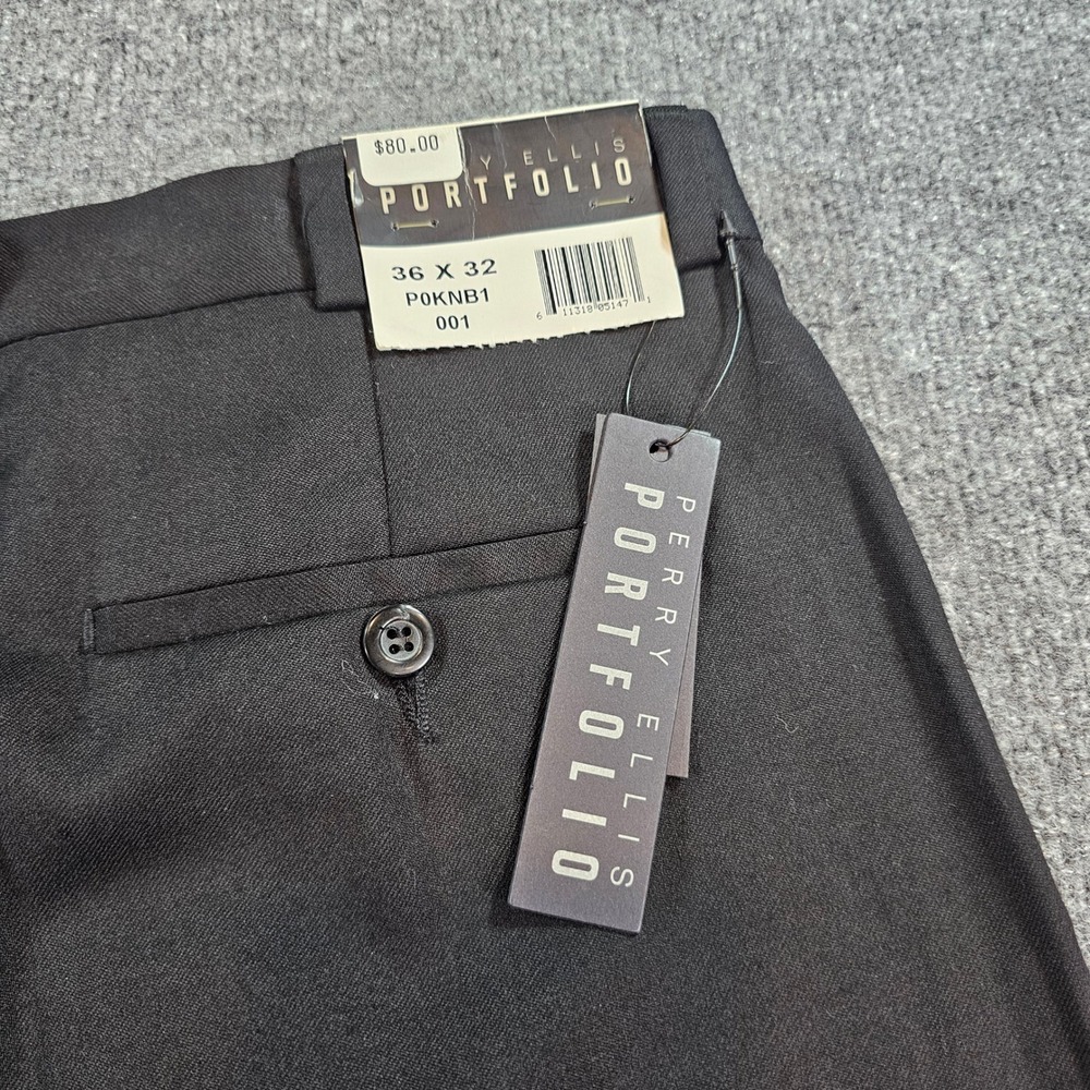 Perry Ellis Mens 36x32 Black Woolmark Pleated Cuffed Baggy Pants VTG Y2K
